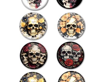 Skull with Flowers 1" Buttons! x2 Day of the Dead - Dia De Los Muertos - Pin-back, Magnet OR Lapel Pin (ID2)