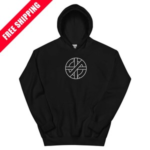 May include: Black hooded sweatshirt with a white graphic on the front. The graphic is a circular design with intersecting lines. The sweatshirt has a drawstring hood and a front pocket. The words "FREE SHIPPING" are in a red banner in the upper left corner.