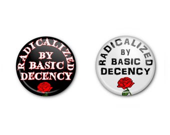Radicalized by Basic Decency Buttons! 1" x2 - Pin-back, Magnet OR Lapel Pin