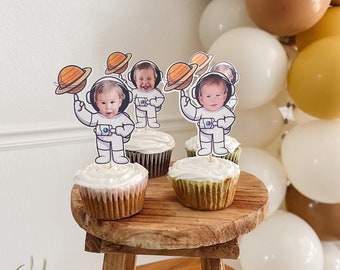 Astronaut Cupcake Topper Custom Photo, Outer Space Galaxy, First Trip Around the Sun, Personalized Cupcake Topper, 12 count