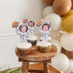 Astronaut Cupcake Topper Custom Photo, Outer Space Galaxy, First Trip Around the Sun, Personalized Cupcake Topper, 12 count