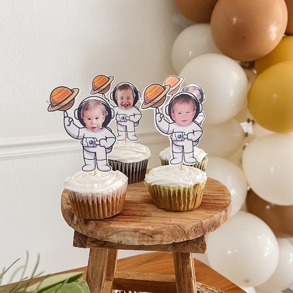 Astronaut Cupcake Topper Custom Photo, Outer Space Galaxy, First Trip Around the Sun, Personalized Cupcake Topper, 12 count