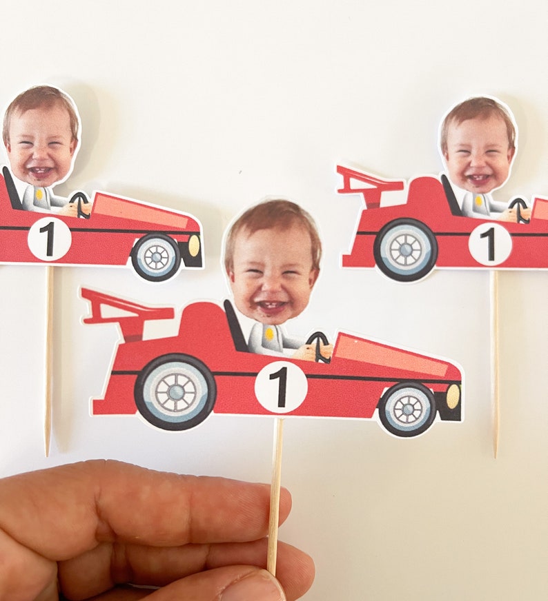 Car Cupcake Topper Custom Photo Race Cupcake Topper Face Racing Car Party Speedway photo face Formula One Toppers personalized 12 count image 3