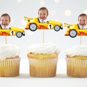 Car Cupcake Topper Custom Photo Race Cupcake Topper Face Racing Car Party Speedway photo face Formula One Toppers personalized 12 count 2 - Yellow Car