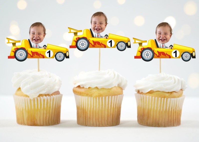Car Cupcake Topper Custom Photo Race Cupcake Topper Face Racing Car Party Speedway photo face Formula One Toppers personalized 12 count 2 - Yellow Car