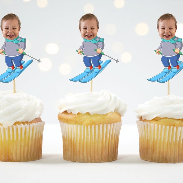 Ski Cupcake Topper Custom Photo Skier Cupcake Topper Skiing Face Topper Personalized Cupcake Topper, 12 count