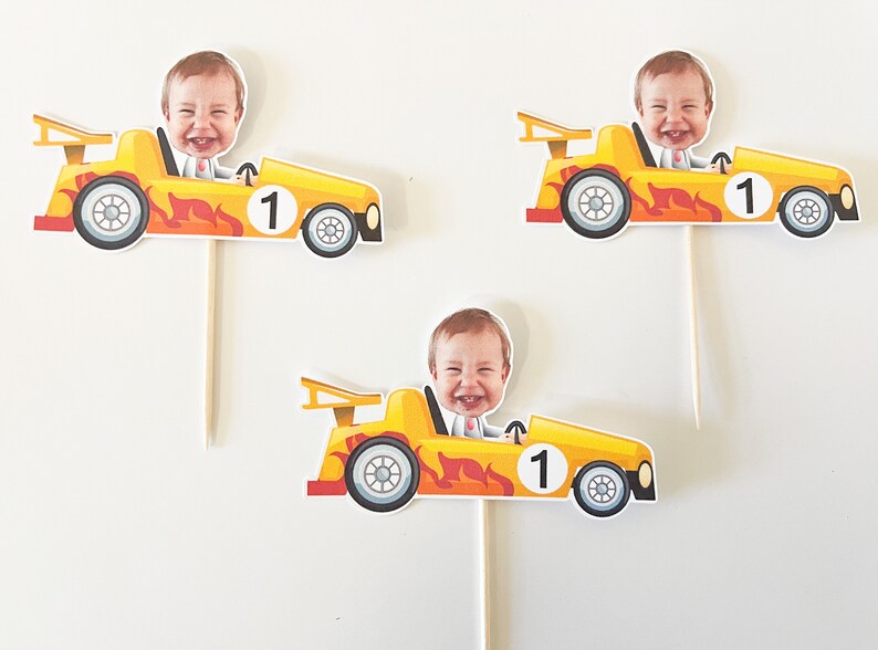 Car Cupcake Topper Custom Photo Race Cupcake Topper Face Racing Car Party Speedway photo face Formula One Toppers personalized 12 count image 6