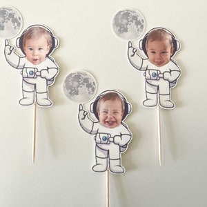 Astronaut Cupcake Topper Custom Photo, Outer Space Galaxy, Two the Moon Theme Party, Personalized Cupcake Topper, 12 count