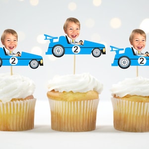 Car Cupcake Topper Custom Photo Race Cupcake Topper Face Racing Car Party Speedway photo face Formula One Toppers personalized 12 count 3 - Blue Car