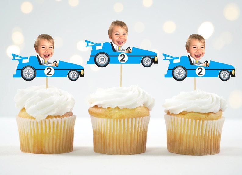 Car Cupcake Topper Custom Photo Race Cupcake Topper Face Racing Car Party Speedway photo face Formula One Toppers personalized 12 count 3 - Blue Car