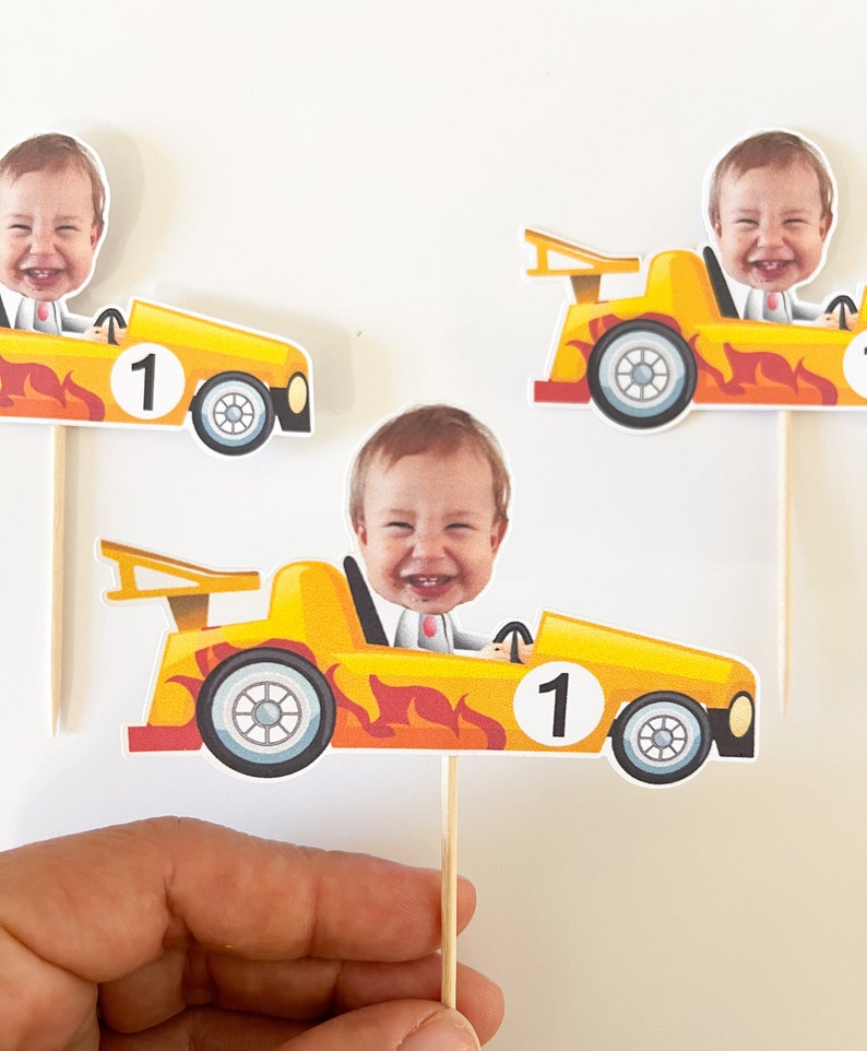 Car Cupcake Topper Custom Photo Race Cupcake Topper Face Racing Car Party Speedway photo face Formula One Toppers personalized 12 count image 7