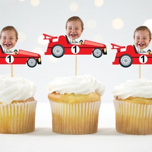 Car Cupcake Topper Custom Photo Race Cupcake Topper Face Racing Car Party Speedway photo face Formula One Toppers personalized 12 count 1 - Red Car