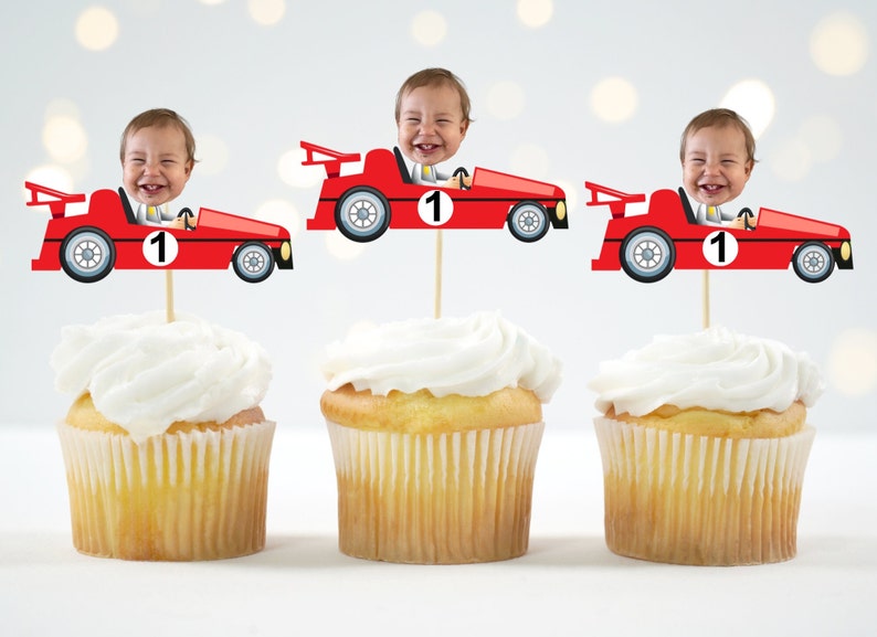 Car Cupcake Topper Custom Photo Race Cupcake Topper Face Racing Car Party Speedway photo face Formula One Toppers personalized 12 count 1 - Red Car