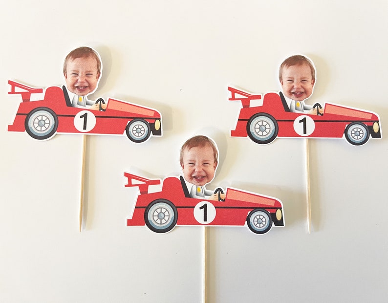 Car Cupcake Topper Custom Photo Race Cupcake Topper Face Racing Car Party Speedway photo face Formula One Toppers personalized 12 count image 5