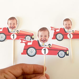 Car Cupcake Topper Custom Photo Race Cupcake Topper Face Racing Car Party Speedway photo face Formula One Toppers personalized 12 count image 4