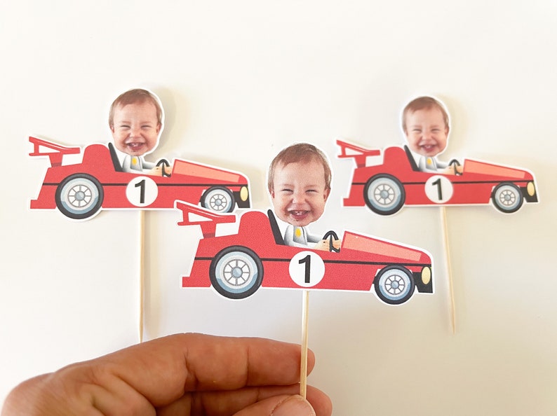 Car Cupcake Topper Custom Photo Race Cupcake Topper Face Racing Car Party Speedway photo face Formula One Toppers personalized 12 count image 4