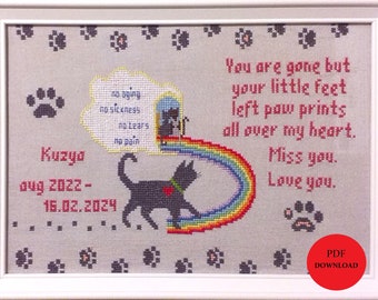 Rainbow bridge to deceased pet cat instant PDF download, cross stitch pattern, pet loss grieving card, goodbye card, sampler home decoration