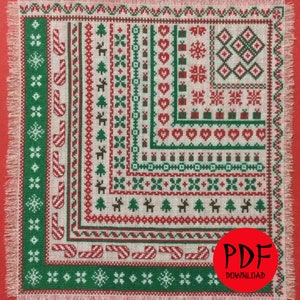 May include: A square, off-white cross-stitch design with a red and green Christmas theme. The design features candy canes, snowflakes, reindeer, hearts, and gifts. The edges are trimmed with a fringe. A red circle with the text "PDF DOWNLOAD" is in the bottom right corner.