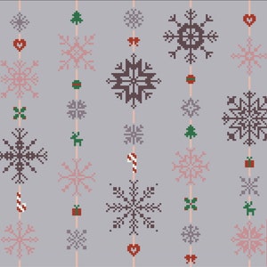 May include: A repeating pattern of pixelated snowflakes, hearts, Christmas trees, and gift boxes in shades of brown, pink, and green, suspended on vertical lines against a gray background. The design has a festive, holiday theme.