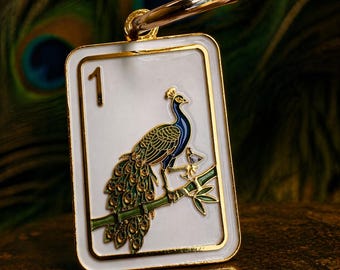 Mahjong Bag Charm I Peacock 1 Bam Tile Enamel Keychain