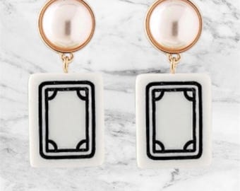 Mahjong Soap Tile Earrings | White Gold Minimalist Jewelry | Game Night Accessories