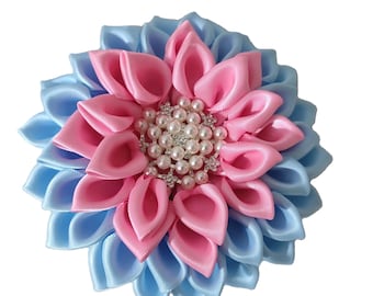 Jack & Jill Inspired- Pink and Blue Pearl Brooch – Handmade Ribbon Flower Brooch  Pin