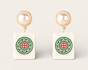 Pearl Mahjong Tile Drop Earrings | Green Statement Game Night Jewelry