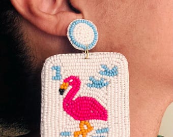 Hand-Beaded Flamingo Mahjong Tile Earrings | Statement Game Night Jewelry