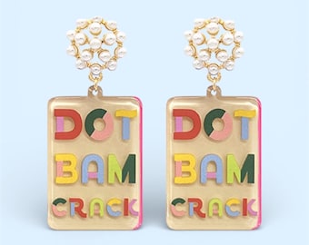 Dot Bam Crack Mahjong Statement Earrings | Colorful Resin Tiles, Pearl Accents