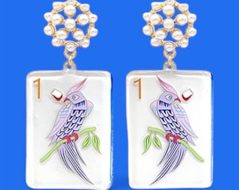 Bird Bam Mahjong Earrings | Pearl Accents | Statement Mahjong Earrings, Gift for Mahjong Player