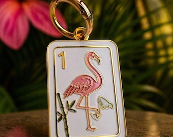 Flamingo 1 Bam Mahjong Tile Bag Charm | Gold-Tone Enamel Bag Keychain