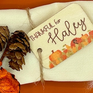 Custom Wooden Thanksgiving Place Setting - Custom Fall Table Setting - Rustic Thanksgiving Name Tags - Printed Thankful Grateful Place Cards