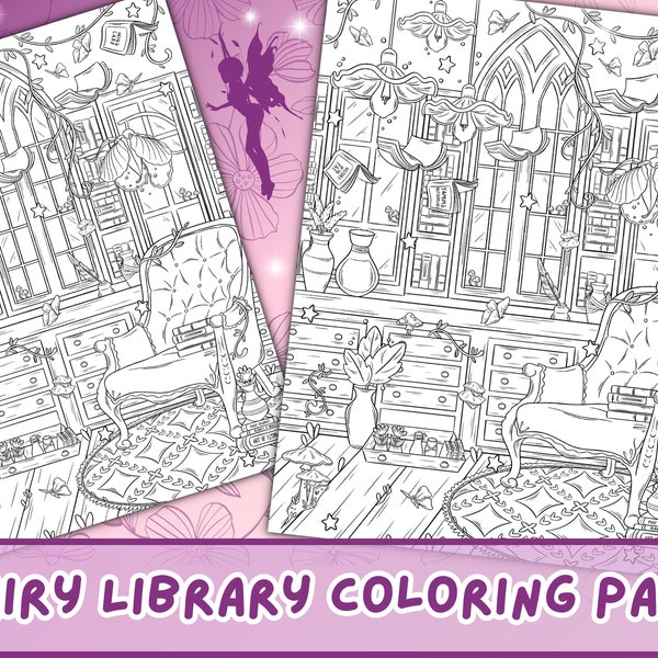 Fairy Library Coloring Page | Cozy Cottagecore Aesthetic Coloring Page | Magical Coloring Page for Adults | Fantasy Fae Coloring