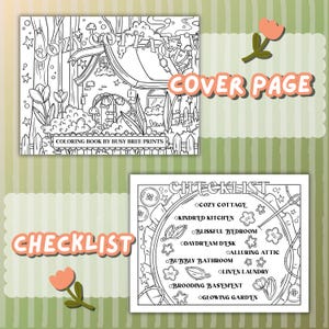 May include: Black and white coloring book pages. The cover page features a cottage scene with the text "Cozy Cottage". The checklist page includes themed rooms like "Kindred Kitchen" and "Blissful Bedroom". The text "Coloring Book by Busy Bree Prints" is also visible.