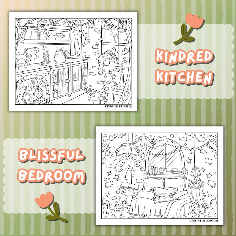 May include: Two black and white coloring pages. One depicts a kitchen scene with a fireplace, stove, and the text "Kindred Kitchen." The other shows a bedroom with a bed, and the text "Blissful Bedroom."