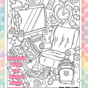 Puede incluir: Ilustraci&oacute;n en blanco y negro de una habitaci&oacute;n con un televisor, un sill&oacute;n y varios objetos. Incluye un mando de videojuegos, CDs, zapatillas deportivas y una mochila. El texto incluye "Backpack, Nikes, CDs, Puzzles, Chess, Dominoes, Scrabble, Home From School."
