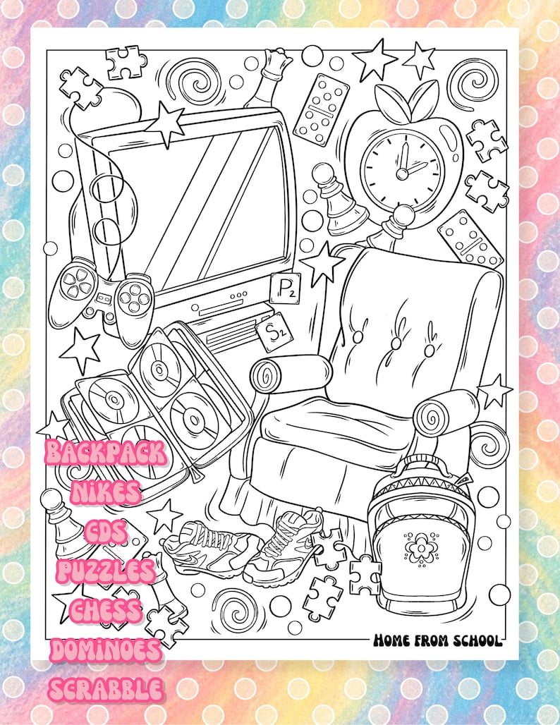 Puede incluir: Ilustraci&oacute;n en blanco y negro de una habitaci&oacute;n con un televisor, un sill&oacute;n y varios objetos. Incluye un mando de videojuegos, CDs, zapatillas deportivas y una mochila. El texto incluye "Backpack, Nikes, CDs, Puzzles, Chess, Dominoes, Scrabble, Home From School."