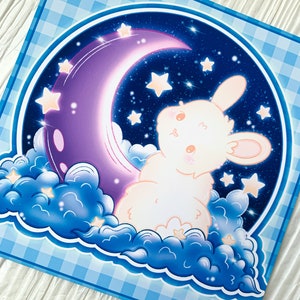 Impresión de arte estético conejito soñador / Impresión de arte conejito Kawaii / Celestial Kawaii estacionario / Decoración de la habitación Space Kawaii