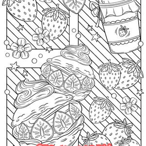 Pu&ograve; includere: Un disegno in bianco e nero di un'illustrazione a tema fragola. L'illustrazione presenta fragole, un barattolo di marmellata e un dessert con panna montata e fragole. Il testo "STRAWBERRY" &egrave; scritto in rosa nella parte inferiore dell'immagine.