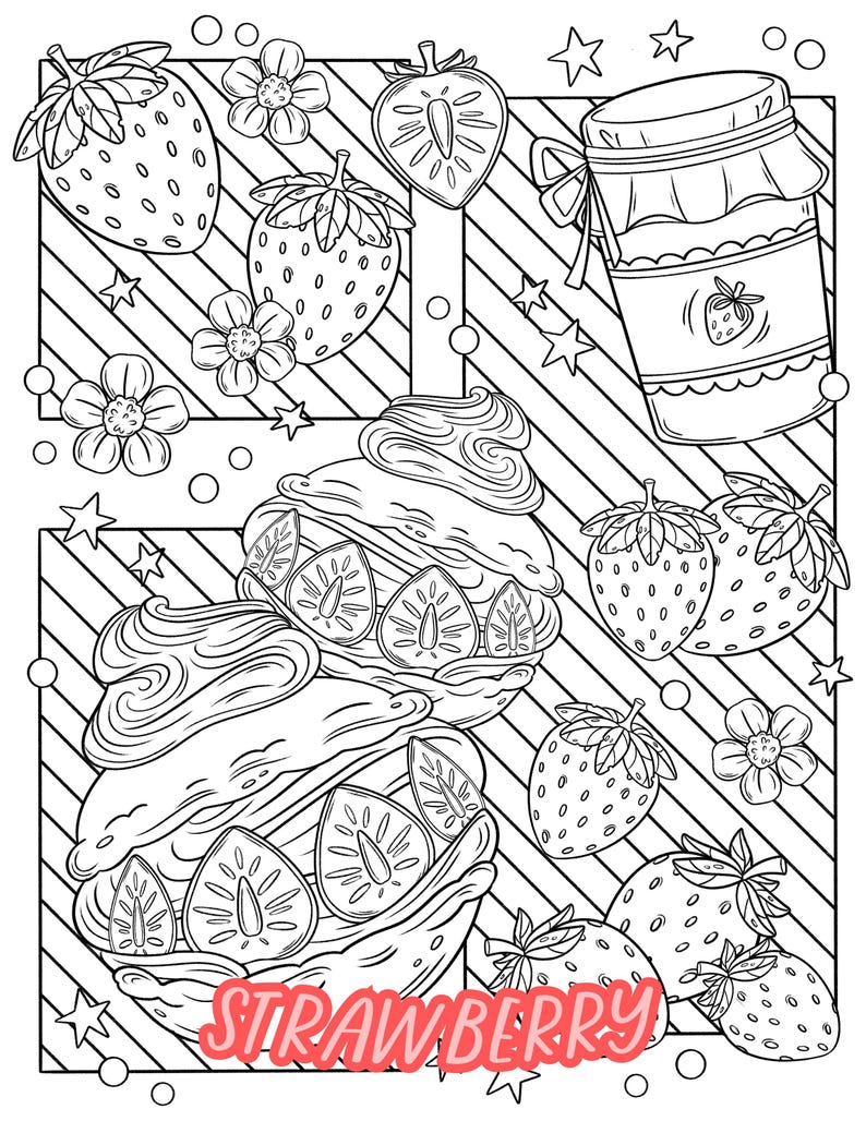 Pu&ograve; includere: Un disegno in bianco e nero di un'illustrazione a tema fragola. L'illustrazione presenta fragole, un barattolo di marmellata e un dessert con panna montata e fragole. Il testo "STRAWBERRY" &egrave; scritto in rosa nella parte inferiore dell'immagine.