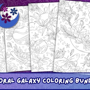 May include: A set of four black and white coloring pages featuring floral and galaxy designs. The designs include a crescent moon, stars, butterflies, and flowers.