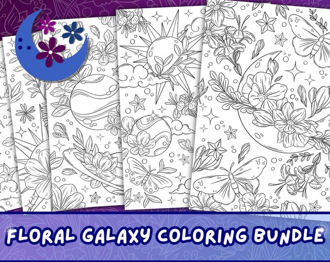 Floral Galaxy Coloring Pages | Fantasy Adult Coloring Pages | Magical Printable Adult Coloring Book |  Celestial Coloring Pages