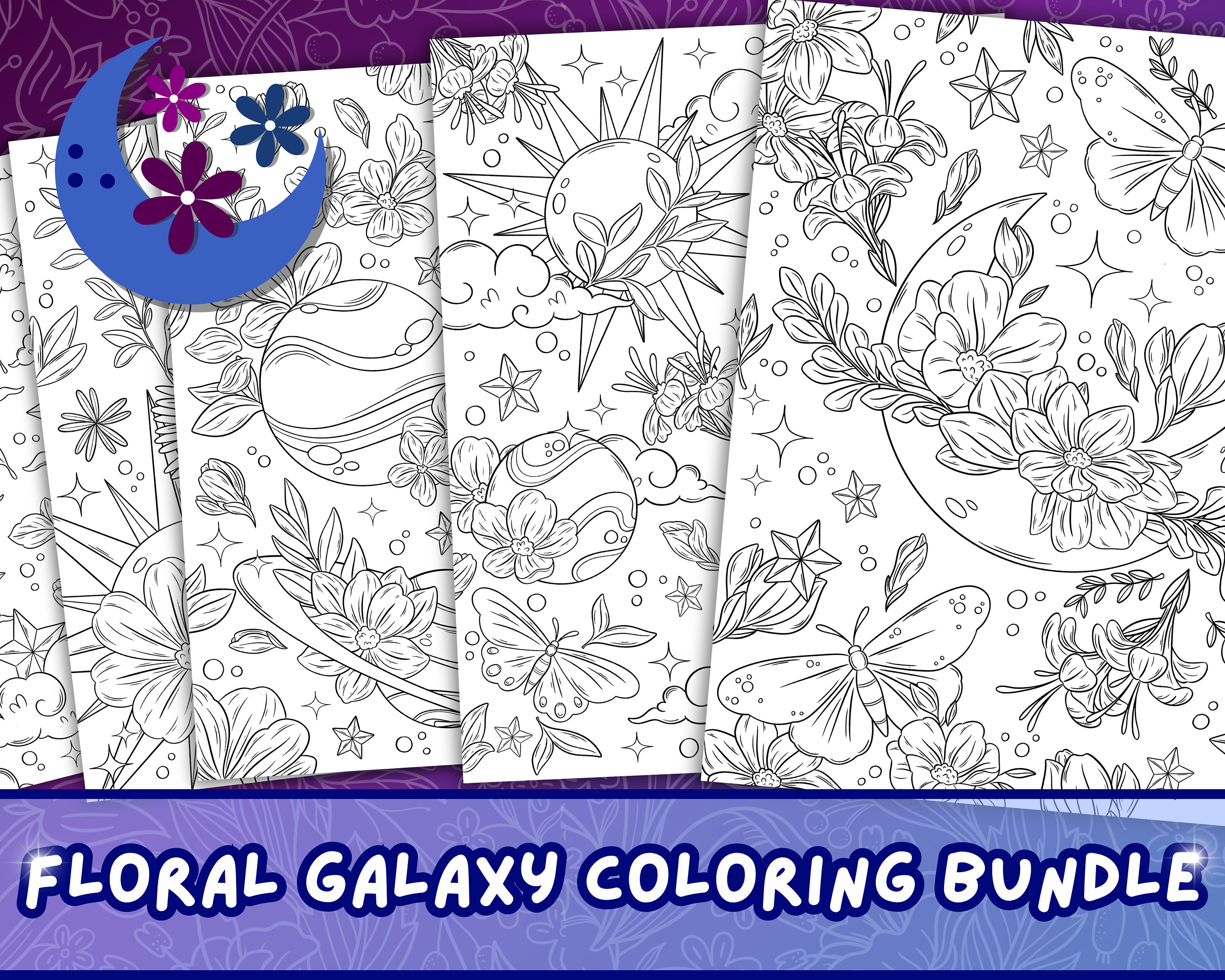 Páginas para colorear Galaxia floral para adultos | Libro de colorear de fantasía celestial mágica imprimible (5 diseños dibujados a mano)