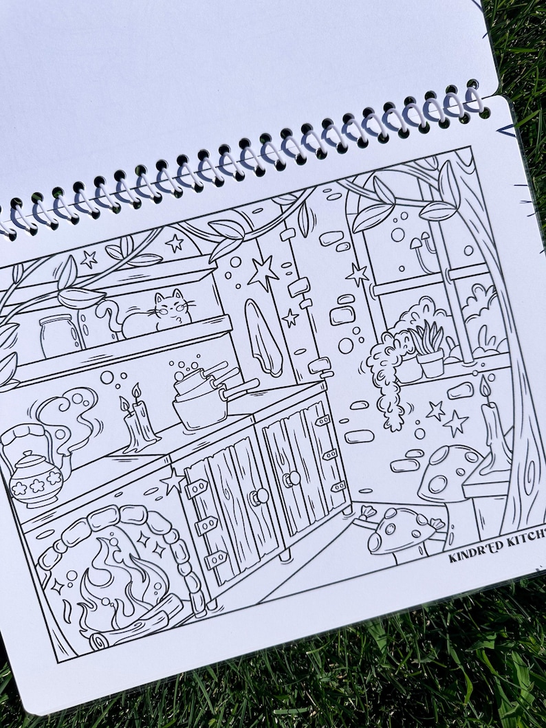 May include: Black and white illustration of a kitchen scene with a cat on a shelf, a fireplace, and a window with plants. The text "KINDR'D KITCH" is visible. The image is from a coloring book.