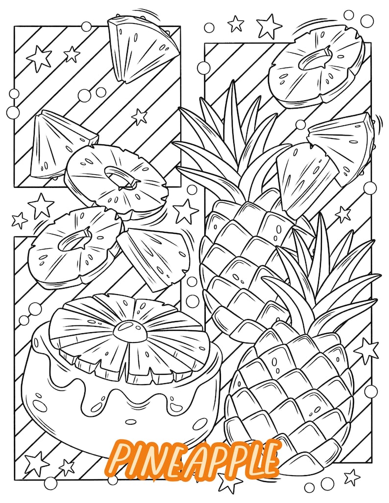 Pu&ograve; includere: Un disegno in bianco e nero di un ananas con la parola "PINEAPPLE" scritta sotto. L'ananas &egrave; circondato da fette di ananas pi&ugrave; piccole e stelle.