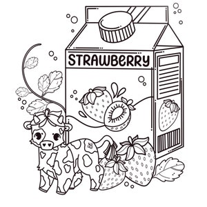 Op de afbeelding: Zwart-witte lijntekening van een pak aardbeienmelk, een koe met een strik en aardbeien. Op het pak staat "STRAWBERRY".