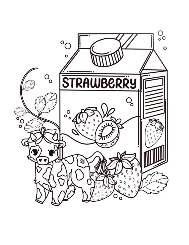 Op de afbeelding: Zwart-witte lijntekening van een pak aardbeienmelk, een koe met een strik en aardbeien. Op het pak staat "STRAWBERRY".