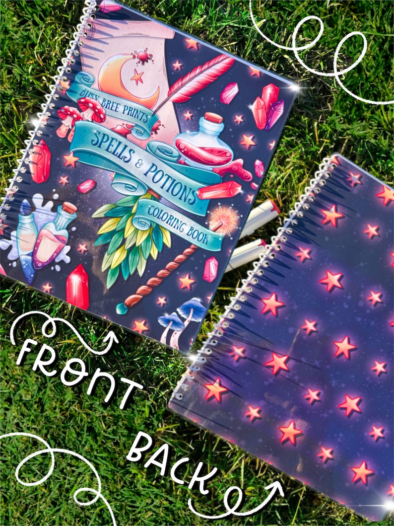 May include: A spiral-bound coloring book with a dark blue cover featuring the text "Spells & Potions Coloring Book." The cover design includes illustrations of crystals, potions, mushrooms, and a crescent moon. The back cover has a pattern of red stars.