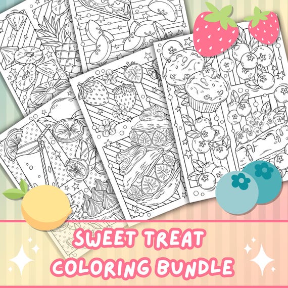 Sweet Treat Coloring Pages | Cute Adult Coloring Book | Kawaii Fruit Coloring Pages | Cute Coloring Pages Digital Download