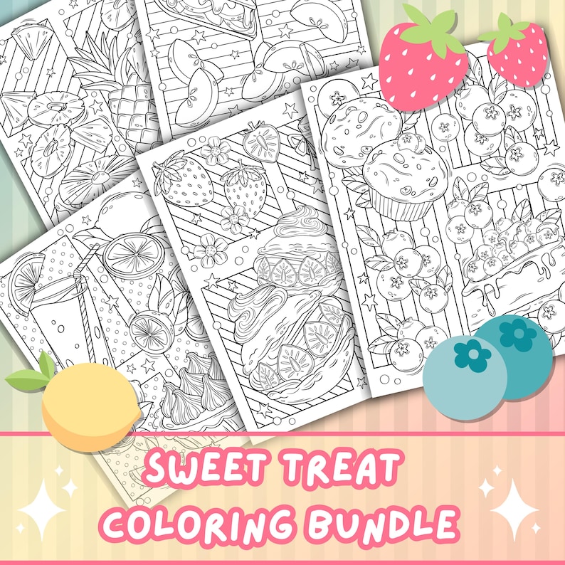 Pu&ograve; includere: Un set di sei pagine da colorare in bianco e nero che rappresentano diversi dolciumi, tra cui frutta, cupcake e pasticcini. Il titolo "Sweet Treat Coloring Bundle" &egrave; in fondo all'immagine.